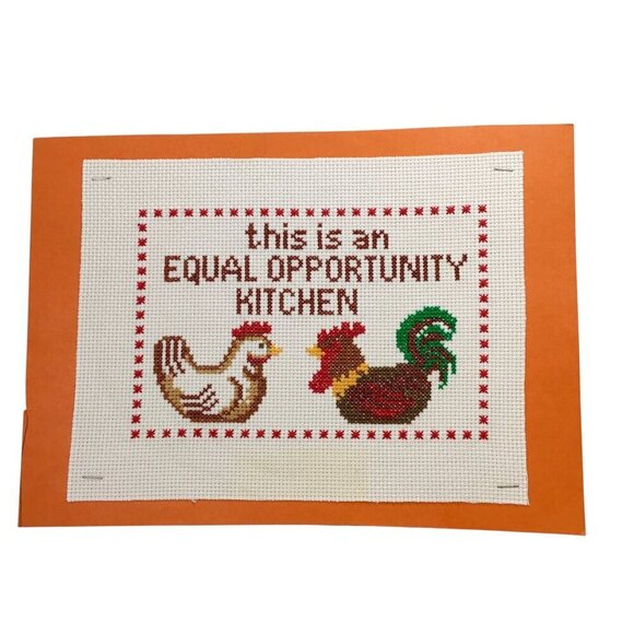 Finished Ready to Frame Cross Stitch Rooster Hen Equal Opportunity Kitchen - Picture 1 of 5